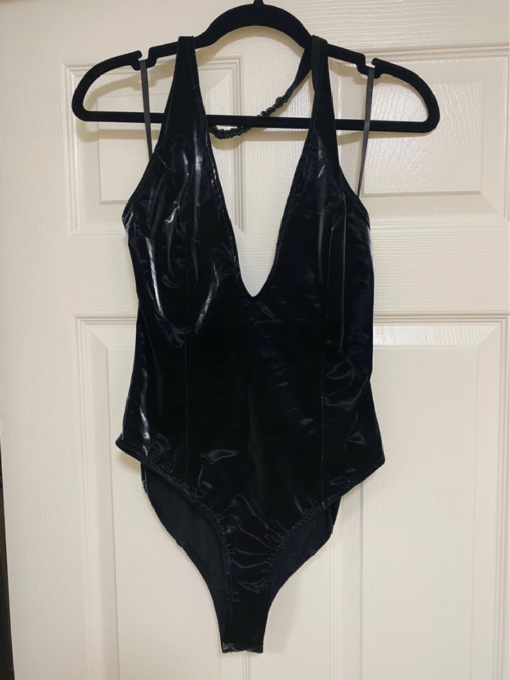 Windsor Black Shiny Plunge One-Piece Bodysuit